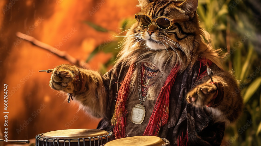 happy cat playing bongo drums Generative AI