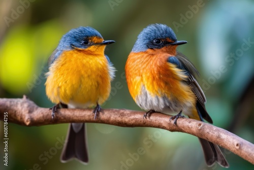 Happy duo birds perching on thin branch singing together. Generative AI