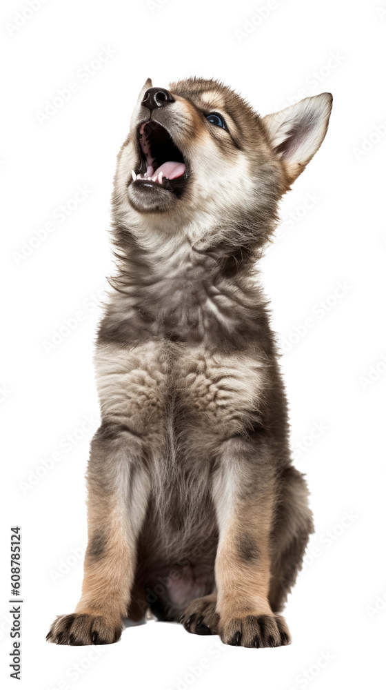 a cute timberwolf, howling, soft and fluffly, playful and curious, Wildlife-themed, cutout, isolated, photorealistic illustrations in a PNG. Generative AI a cute timberwolf, howling, soft and fluffly, playful and curious, Wildlife-themed, cutout, isolated, photorealistic illustrations in a PNG. Generative AI