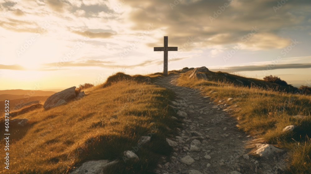 Wooden cross on the top of the mountain on the horizon Wooden cross on the top of the mountain on the horizon