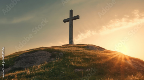 Wooden cross on the top of the mountain on the horizon