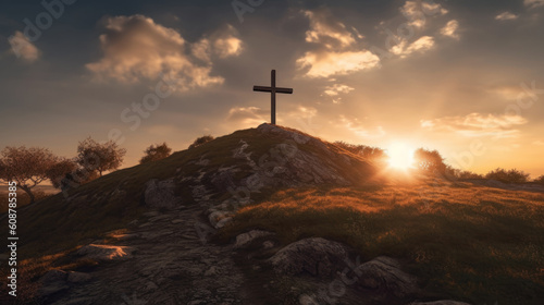 Wooden cross on the top of the mountain on the horizon © CreatieveART