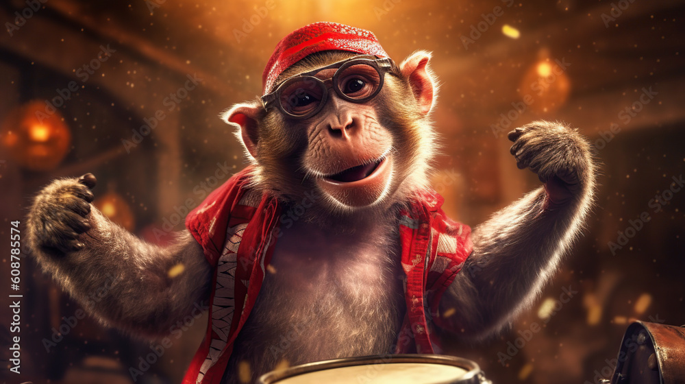 Naklejka premium happy monkey playing bongo drums Generative AI