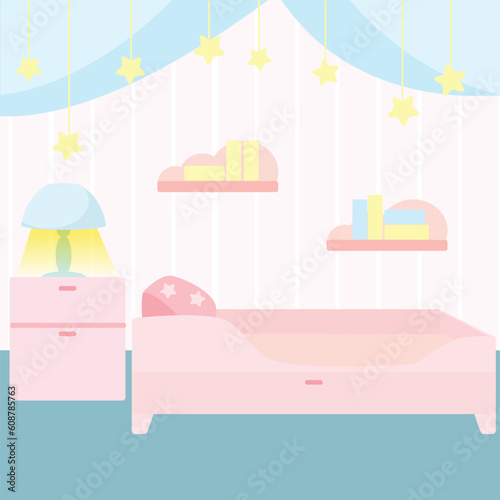 Children's room in a cartoon style. Vertical background for design. The bedroom has a bed, a bedside table and a lamp.