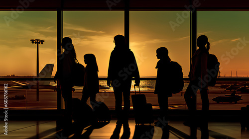 A family at the airport traveling with children and luggage, going to the boarding gate. Silhouettes of people, an abstract concept of international travel.. Генеративный ии. Generative AI