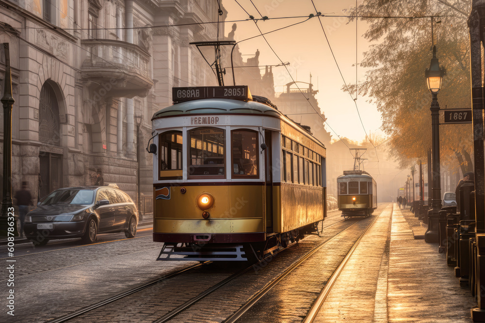 A cobblestone street in an old European city at dawn with a classic tramway approaching in the distance