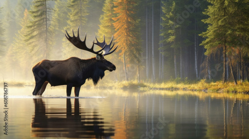 moose on water near forest at misty morning. generative ai © mimadeo