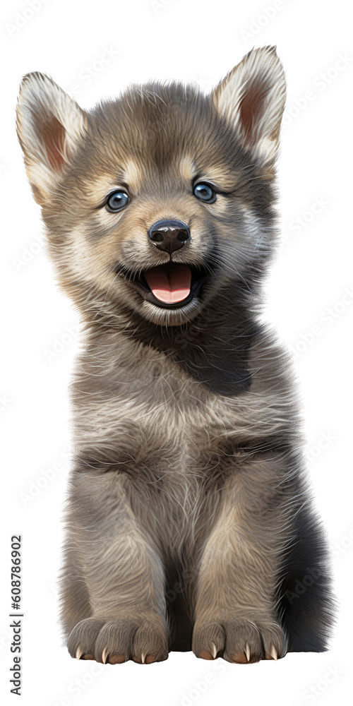 a cute, Vertical Format, Timberwolf pup, fluffy, playful, happy, healthy, and fun-loving, Wildlife-themed, photorealistic illustrations in a PNG, cutout, and isolated. Generative AI
