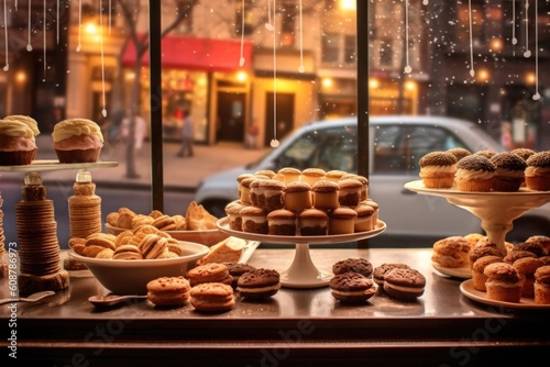 Bakery store window with gorgeous cakes, pies, cupcakes