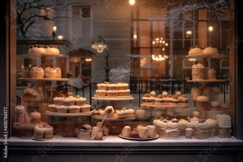 Bakery store window with gorgeous cakes, pies, cupcakes