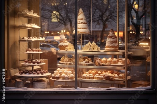 Bakery store window with gorgeous cakes, pies, cupcakes