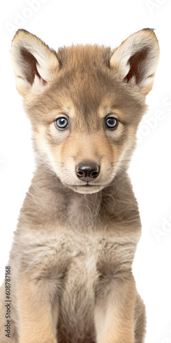 a cute, Vertical Format, Timberwolf pup, fluffy, playfull, healthy and fun loving, Wildlife-themed, photorealistic illustrations in a PNG, cutout, and isolated. Generative AI