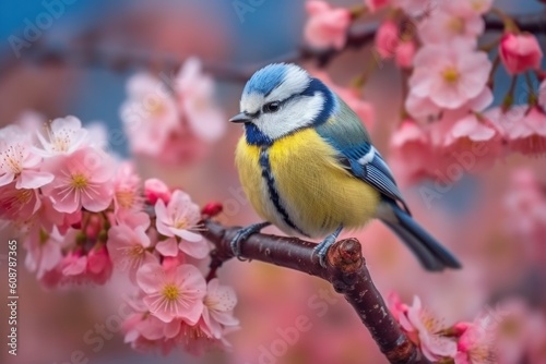 Little bird sitting on branch of blossom cherry tree. Generative AI.