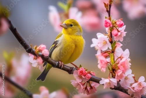 Little bird sitting on branch of blossom tree. The Eurasian Blue Tit. Generative AI