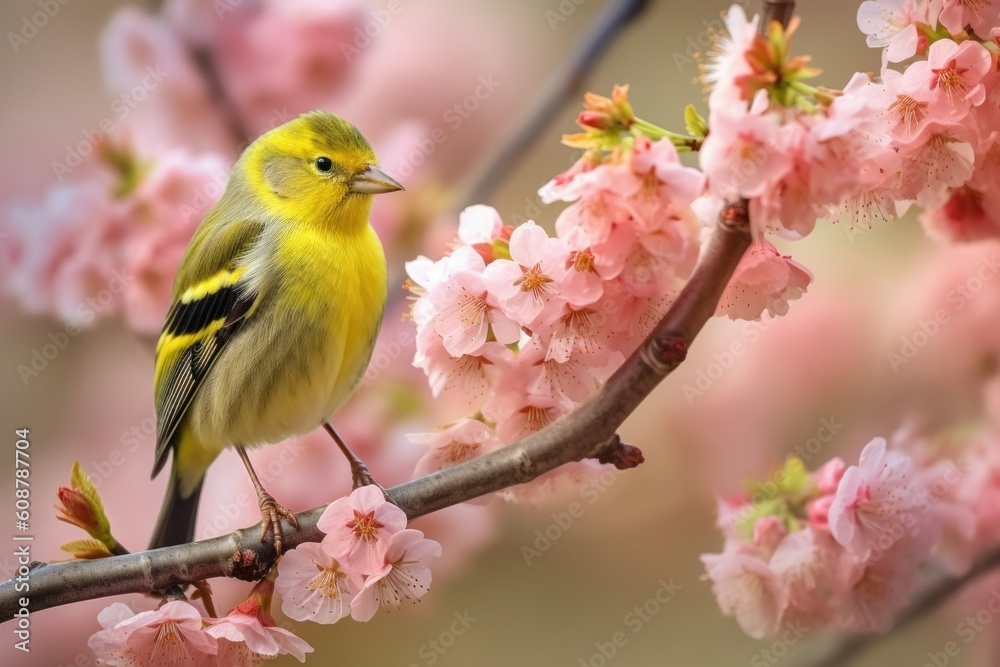 Little bird sitting on branch of blossom tree. The Eurasian Blue Tit. Generative AI Little bird sitting on branch of blossom tree. The Eurasian Blue Tit. Generative AI