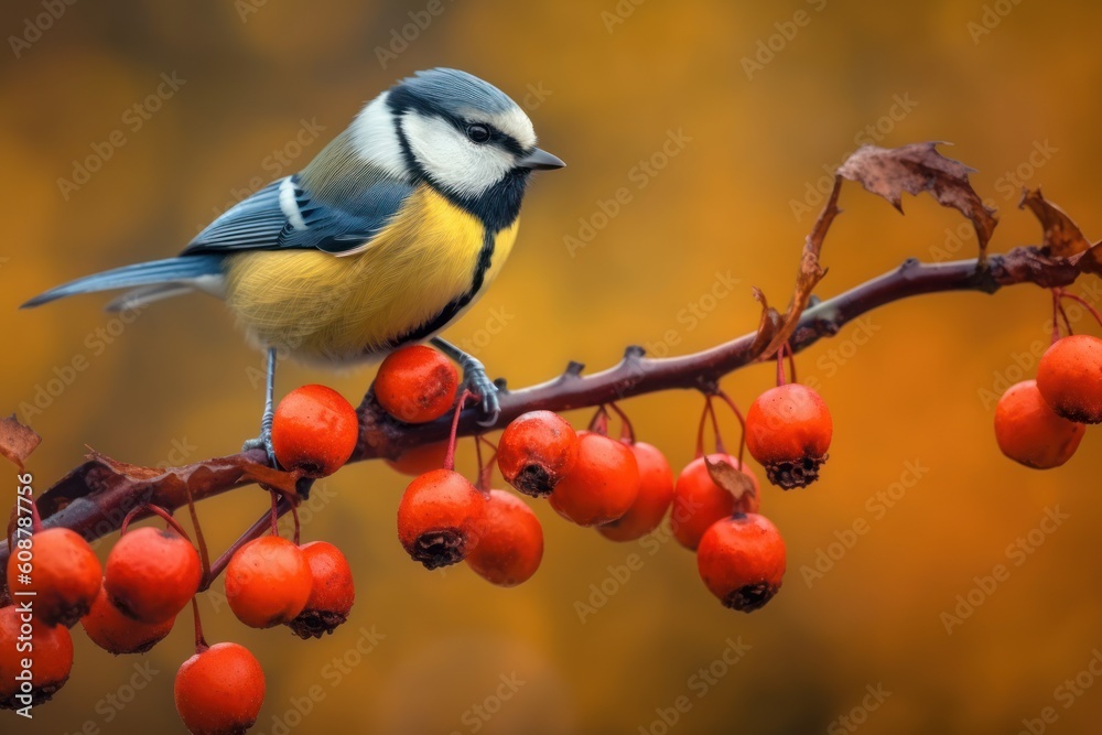 Obraz premium Little bird sitting on branch of physalis. Great Tit. Autumn vibes. Generative AI