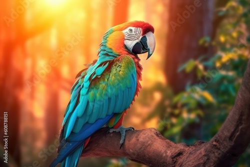 Macaw sitting on a branch. Beautiful colorful parrot. Generative AI.