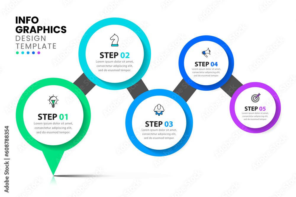 Infographic template. Pointer with 5 circles and icons Infographic template. Pointer with 5 circles and icons