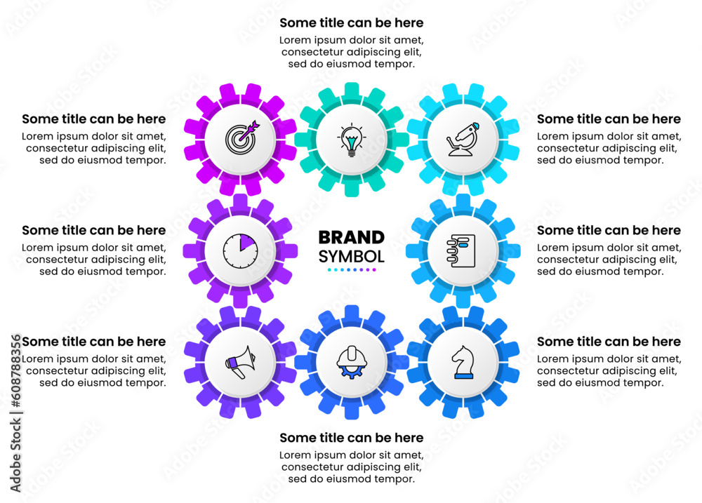 Infographic template. 8 gears with a title in the middle