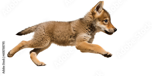 a transparent PNG of a Wolf pup trotting in motion in a side view as an isolated, photorealistic illustration. Generative ai
