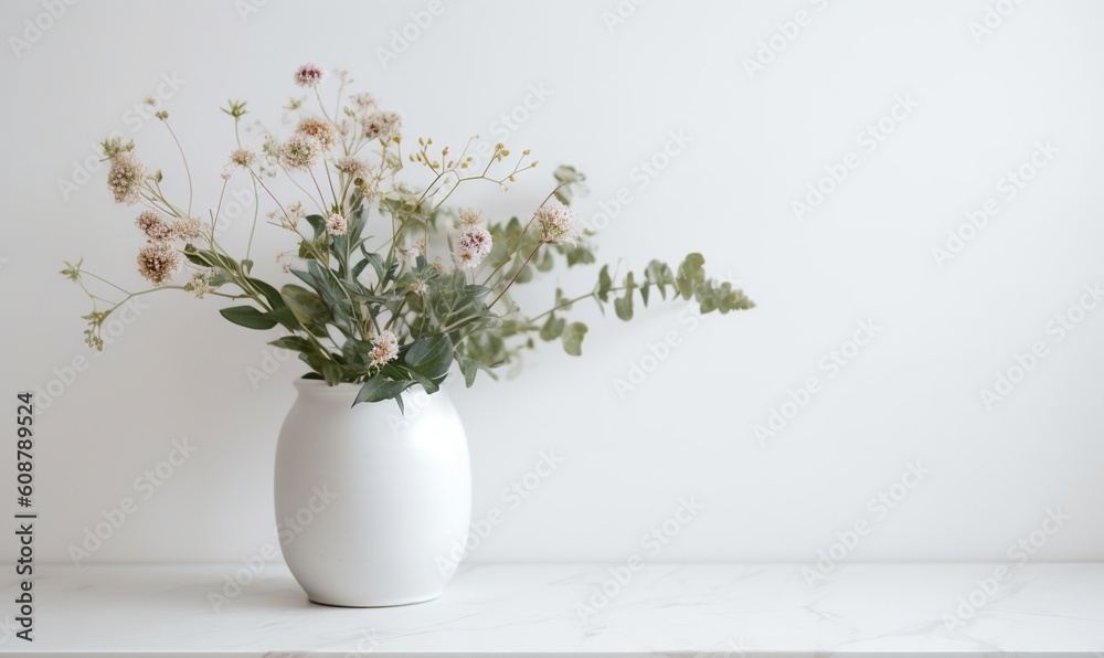a white vase filled with lots of flowers on top of a table. generative ai a white vase filled with lots of flowers on top of a table. generative ai
