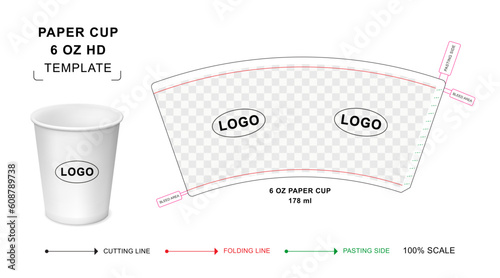 Paper cup die cut template for 6 ounce Hot Drink with 3D blank vector mockup for food packaging