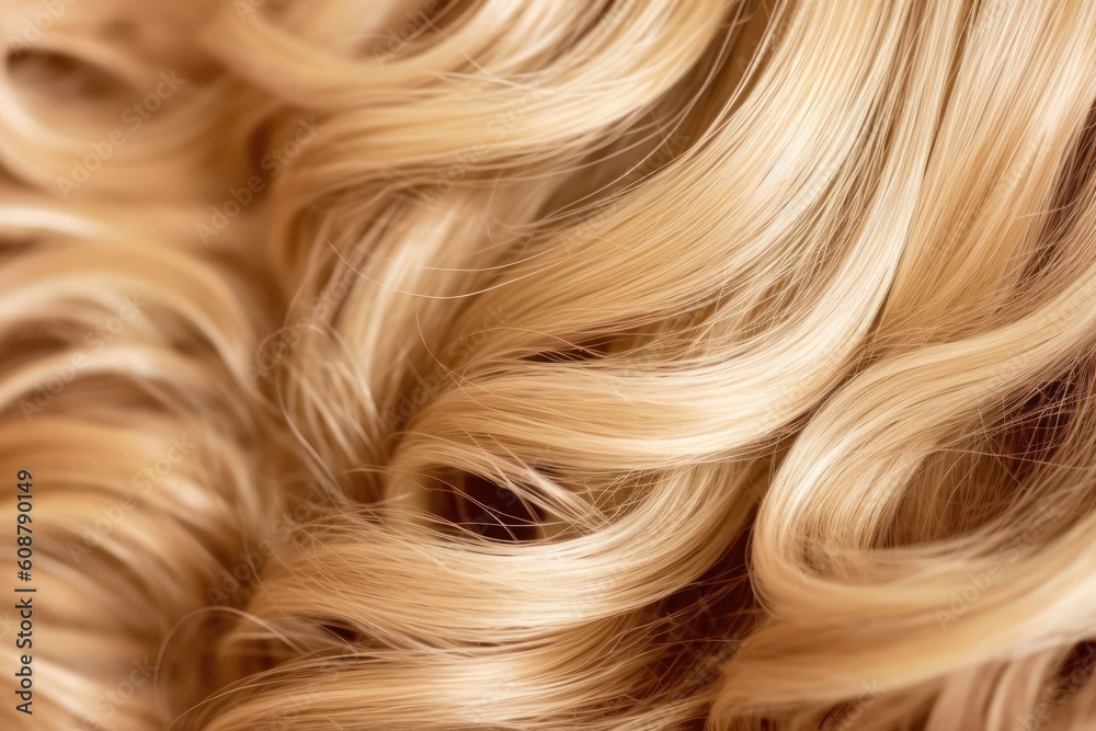 Naklejka premium Hair texture background closeup. Blond color natural curls, fashion hairstyle. Generative AI 