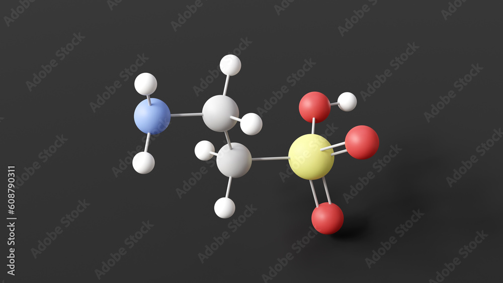 taurine molecule, molecular structure, sulfonic acid, ball and stick 3d model, structural chemical formula with colored atoms taurine molecule, molecular structure, sulfonic acid, ball and stick 3d model, structural chemical formula with colored atoms