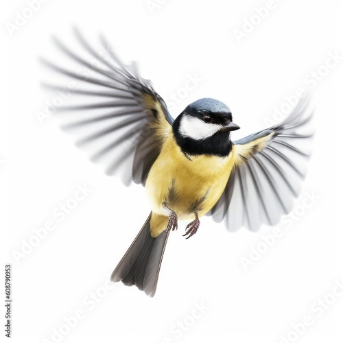 little bird (Tit) flying with wide spread wings. Generative AI © nadunprabodana