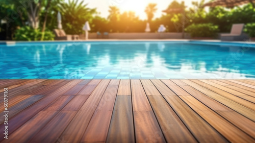 Empty wooden surface with summer travel hotel swimming pool background. Empty stage for products or text related to vacation and recreation.