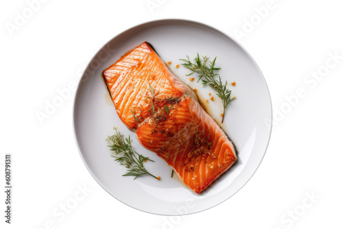 Baked Salmon On White Plate, Isolated On Transparent Background, Png. Generative AI