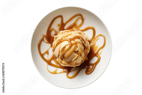 Caramel Swirl Ice Cream On White Plate, Isolated On Transparent Background, Png. Generative AI photo