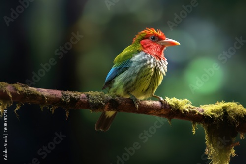 Red-headed barbet (Eubucco bourcierii) male sitting on a branch. Generative AI © nadunprabodana