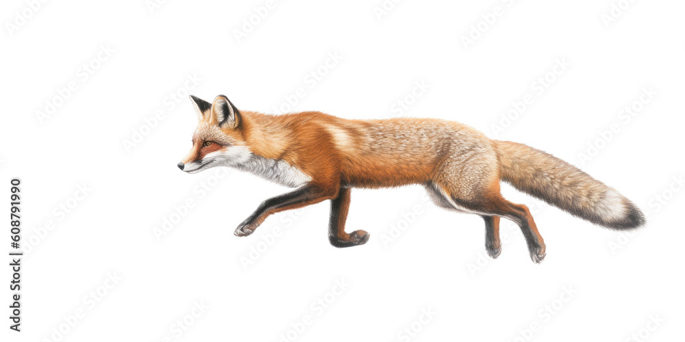 Fototapeta premium a red fox in motion in a side view as a transparent PNG Nature-themed, photorealistic illustration. Generative ai