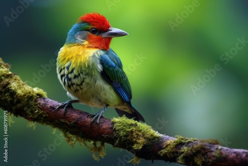 Red-headed barbet (Eubucco bourcierii) male sitting on a branch. Generative AI