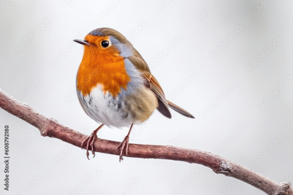 Red robin on a branch on white. Generative AI