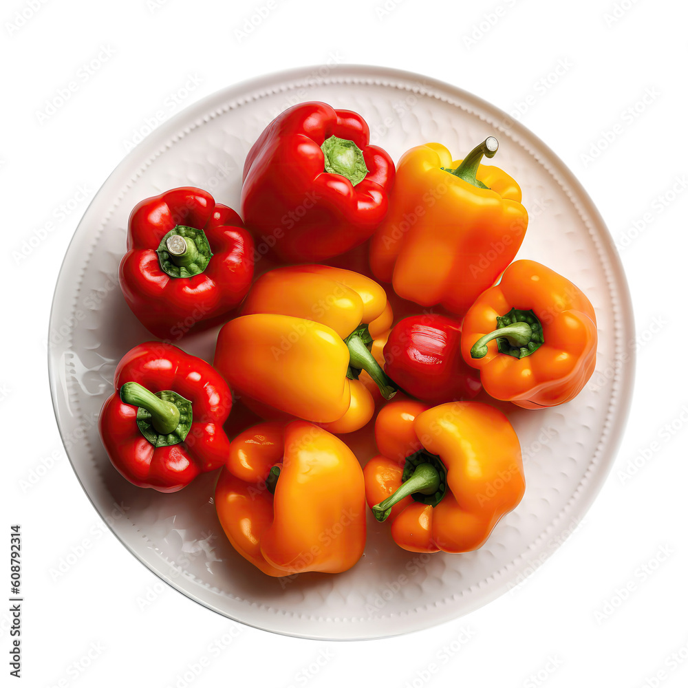 Raw Bell Peppers On White Plate, Isolated On Transparent Background, Png. Generative AI