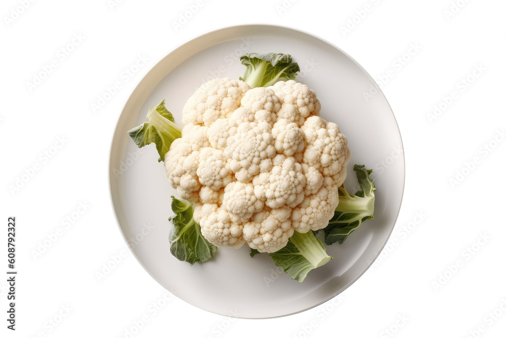 Raw Cauliflower On White Plate, Isolated On Transparent Background, Png. Generative AI Raw Cauliflower On White Plate, Isolated On Transparent Background, Png. Generative AI