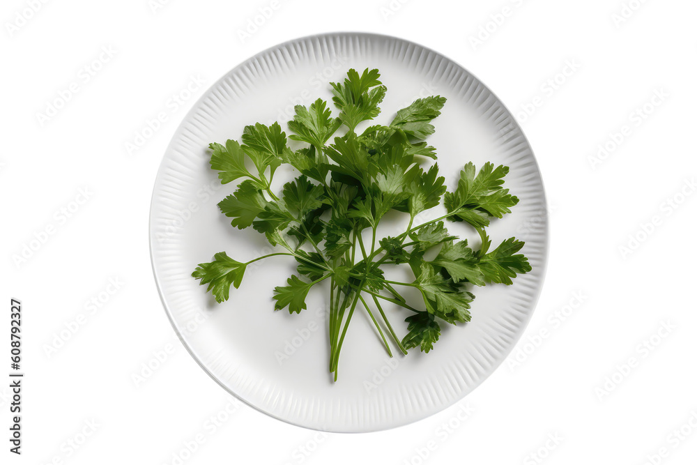 Raw Cilantro On White Plate, Isolated On Transparent Background, Png. Generative AI Raw Cilantro On White Plate, Isolated On Transparent Background, Png. Generative AI