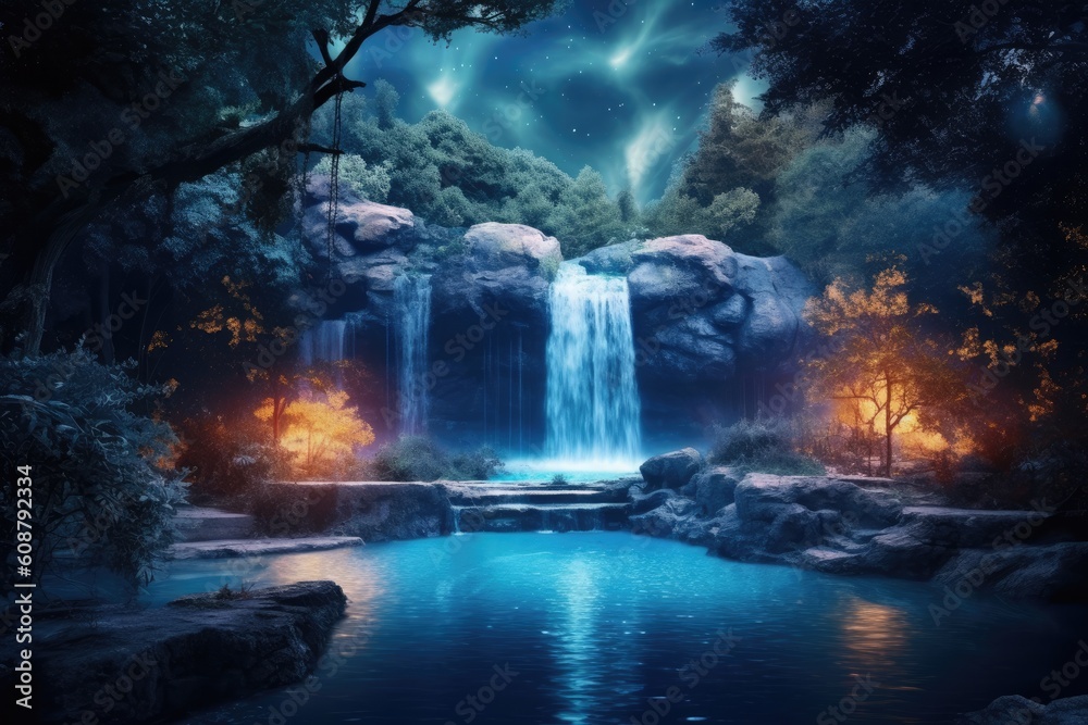 Beauty of a waterfall illuminated by the ethereal glow of the moonlight. Generative AI
