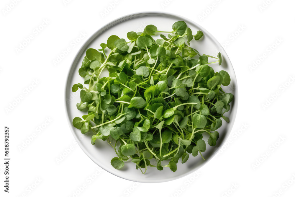 Raw Watercress On White Plate, Isolated On Transparent Background, Png. Generative AI Raw Watercress On White Plate, Isolated On Transparent Background, Png. Generative AI