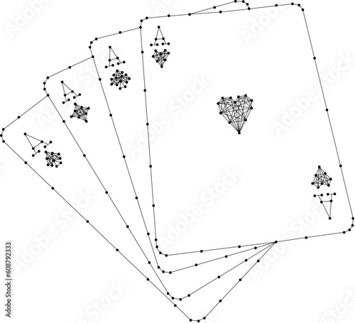 Poker combination four of a kind, quads from aces, from abstract futuristic polygonal black lines and dots. Low poly concept. Vector illustration.