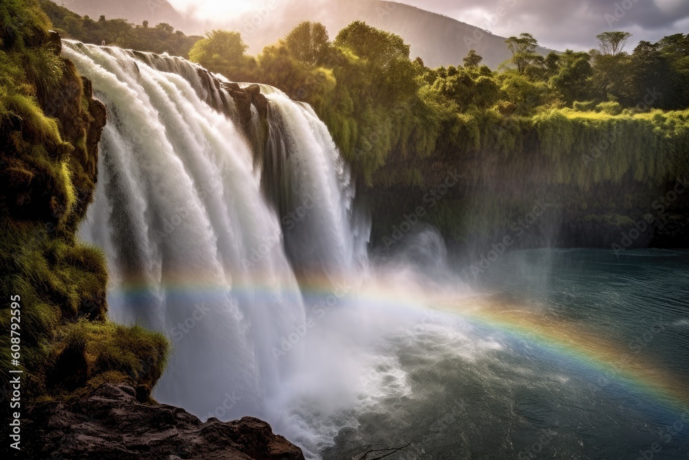 Majestic combination of a waterfall and a vibrant rainbow. Generative AI