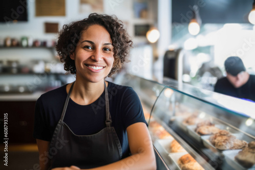 Woman owner in a takeaway food shop. Generative AI.