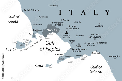 Canvastavla Gulf of Naples, gray political map