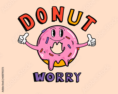 Retro donut cartoon thumbs up character Don't worry illustration red pink yellow purple color, Vector illustration.