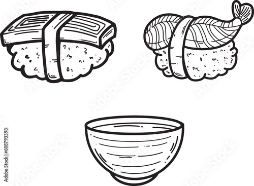 Sushi set, lkura, Sweet egg, miso soup icon set Outline Simple vector illustration