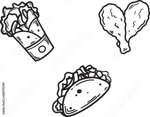 Tacos, Burrito, fried chicken icon set Outline Simple vector illustration