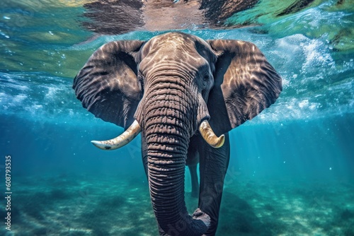 Swimming African Elephant Underwater. Big elephant in ocean. Generative AI