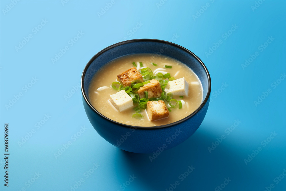 traditional japanese miso soup with tofu and welsh onions, isolated on a blue background, created with generative ai traditional japanese miso soup with tofu and welsh onions, isolated on a blue background, created with generative ai